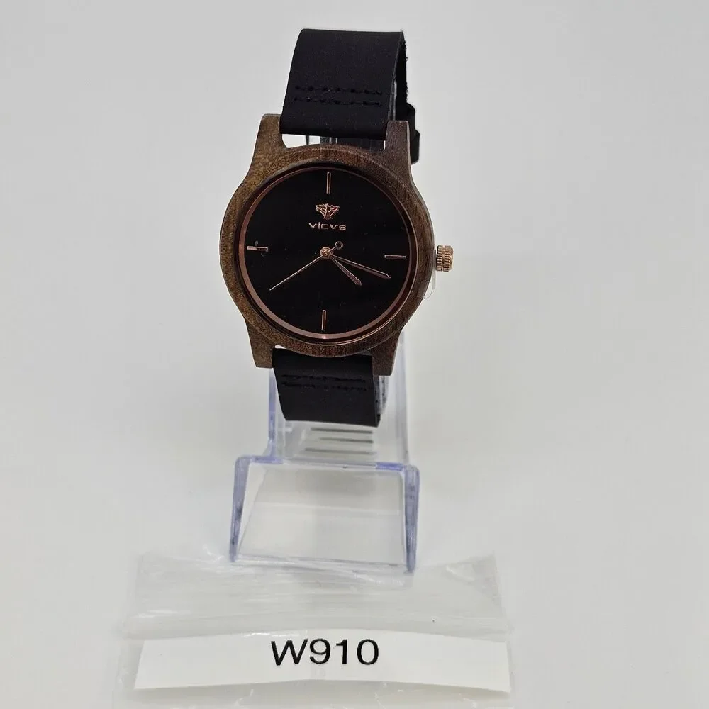 VICVS‎ Men's Wood Watch 40MM Black Dial Black Leather Bands New Battery